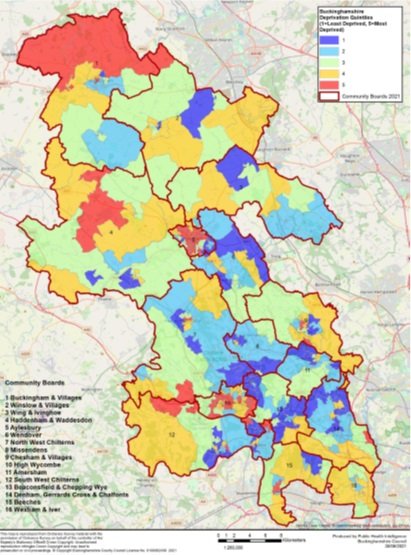 Map of Buckinghamshire showing community board areas