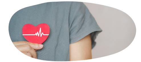 Young person in grey tshirt holding a red heart with scan result