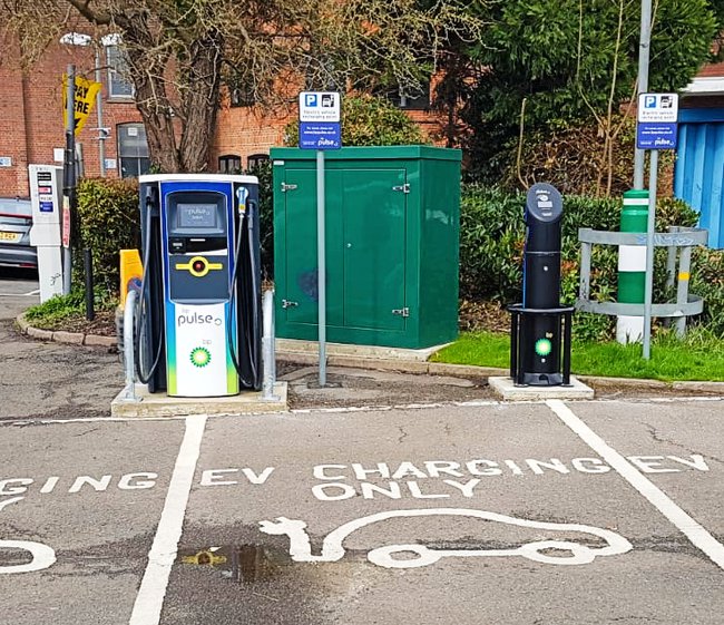 Two EV charging points next to two car park spaces in Chesham