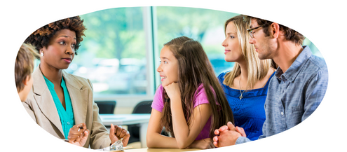 Teacher, parents and young person around a table talking