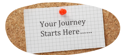 A your journey starts here card pinned to a cork board